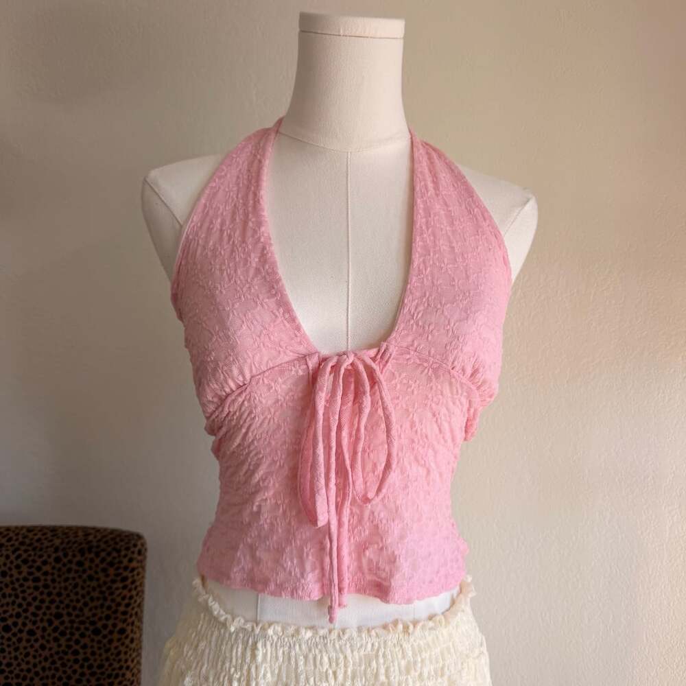 See You Monday Halter Top Size S Pink Textured Tie Front